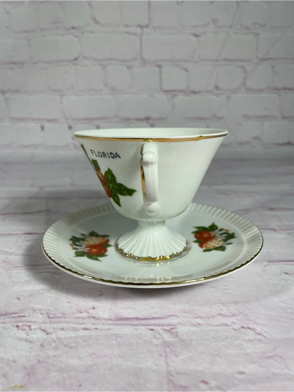 Vintage Florida Oranges Souvenir Footed Teacup and Saucer Set Gold Trim